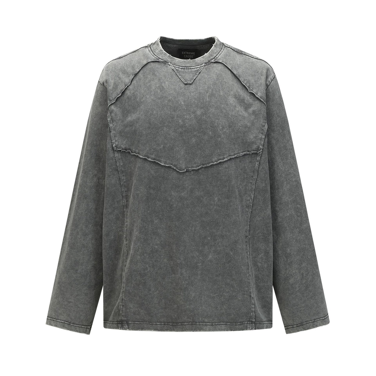 Pull homme gris à col rond – Délavé à l’acide, déstructuré, manches longues à bords bruts