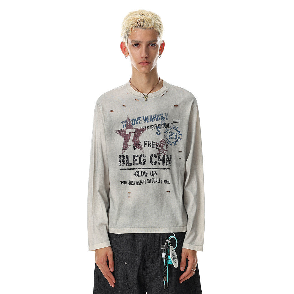 Men's Crew Neck Long Sleeve Distressed Graphic Tee – Vintage Star Print, Washed