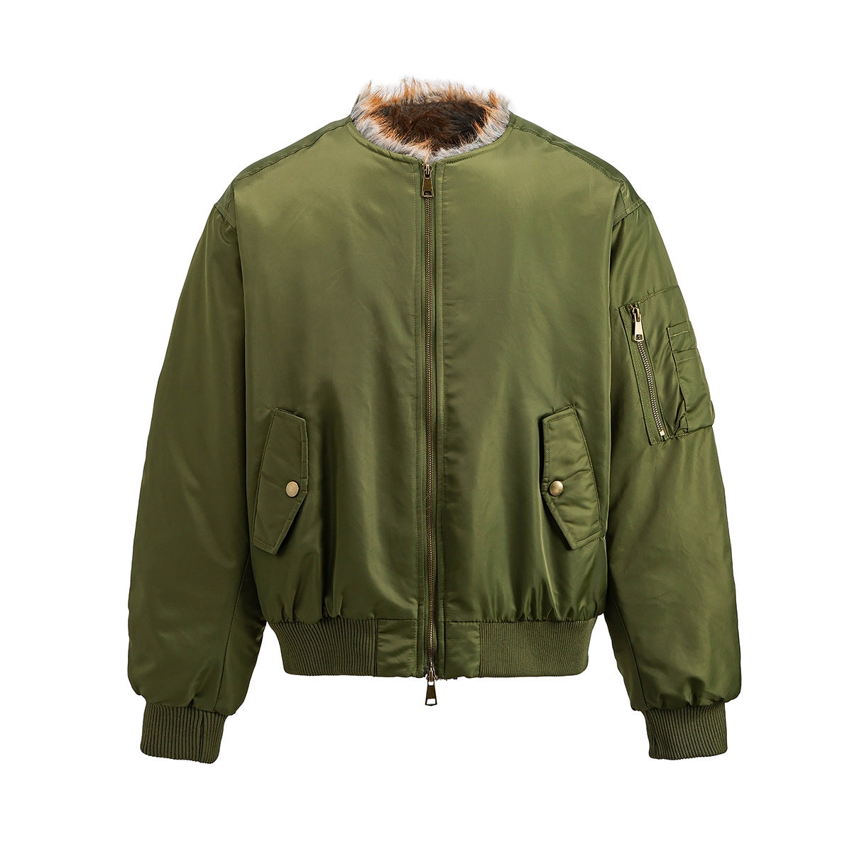 Faux Fur Collar Bomber Jacket with Quilted Lining