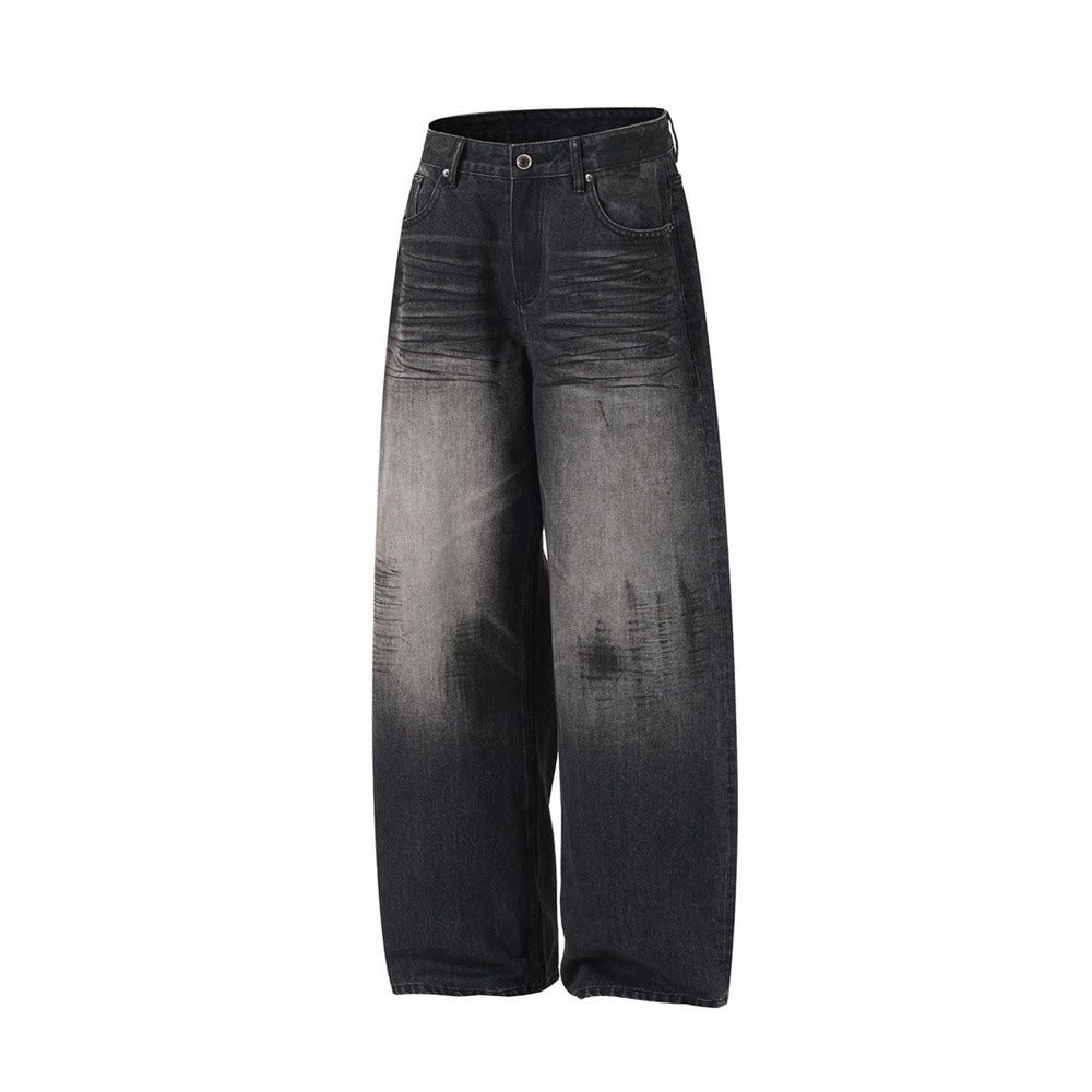 Wide-Leg-Baggy-Jeans – Verwaschene schwarze Distressed-Denim-Herrenjeans