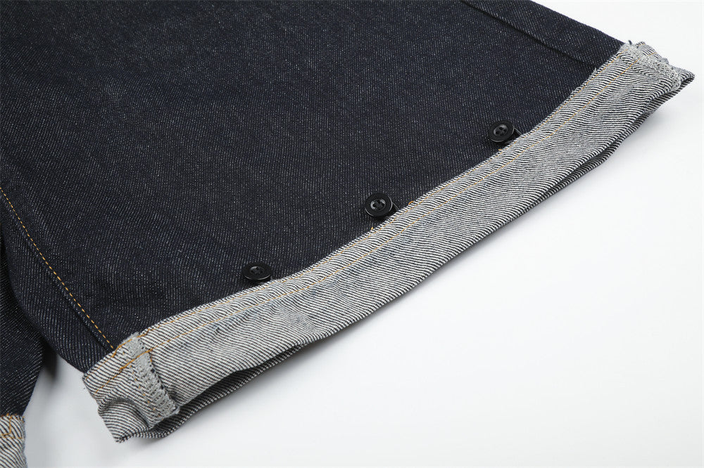 Men's Contrast Patchwork Denim Shorts Wide-Leg Button-Fly Bermuda