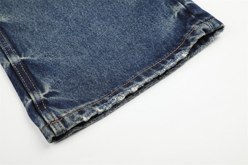 Men's Vintage Wash Wide-Leg Jeans with Metal Pyramid Studs – Retro Blue
