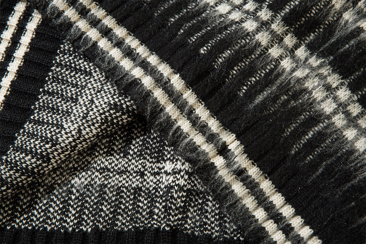 Striped Knit Sweater with Polo Collar – Oversized Fuzzy Texture