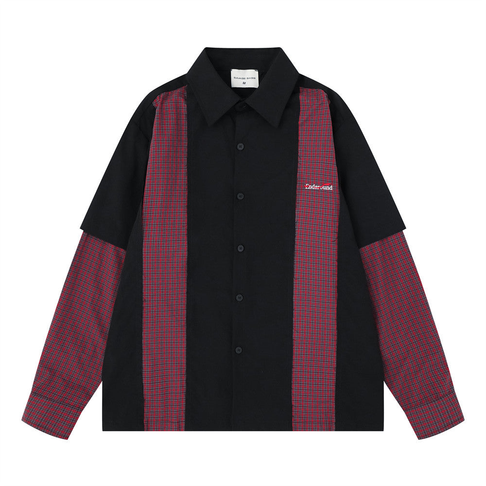 Men's oversized faux two-piece patchwork long sleeve button-up shirt in black with red plaid sleeves and side panels, front v