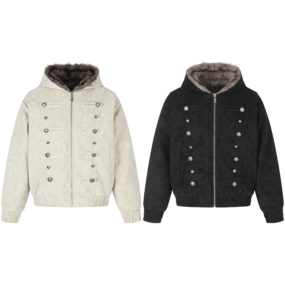 Men's Faux Fur-Lined Hooded Bomber Jacket – Double-Breasted PU Suede Winter Coat