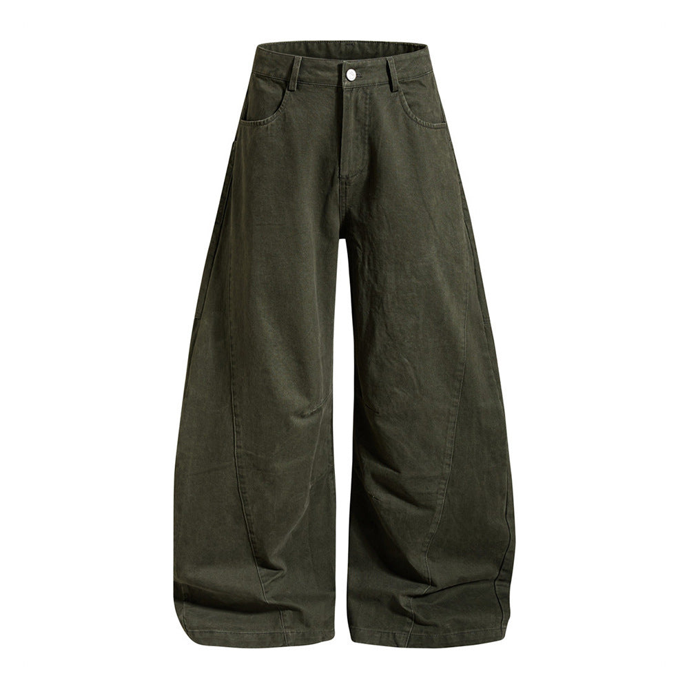 Men's baggy wide-leg barrel fit cargo pants in washed charcoal grey and army green with curved seam paneling