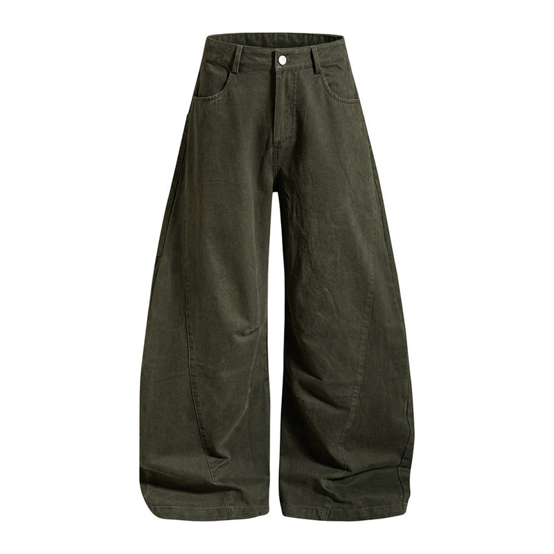 Men's baggy wide-leg barrel fit cargo pants in washed charcoal grey and army green with curved seam paneling
