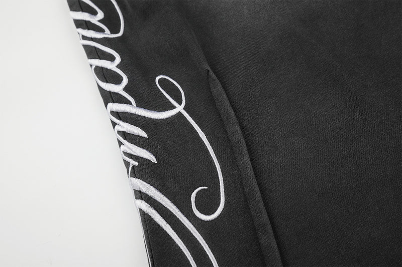 Pantalon de survêtement wide leg – Baggy streetwear américain noir délavé et brodé