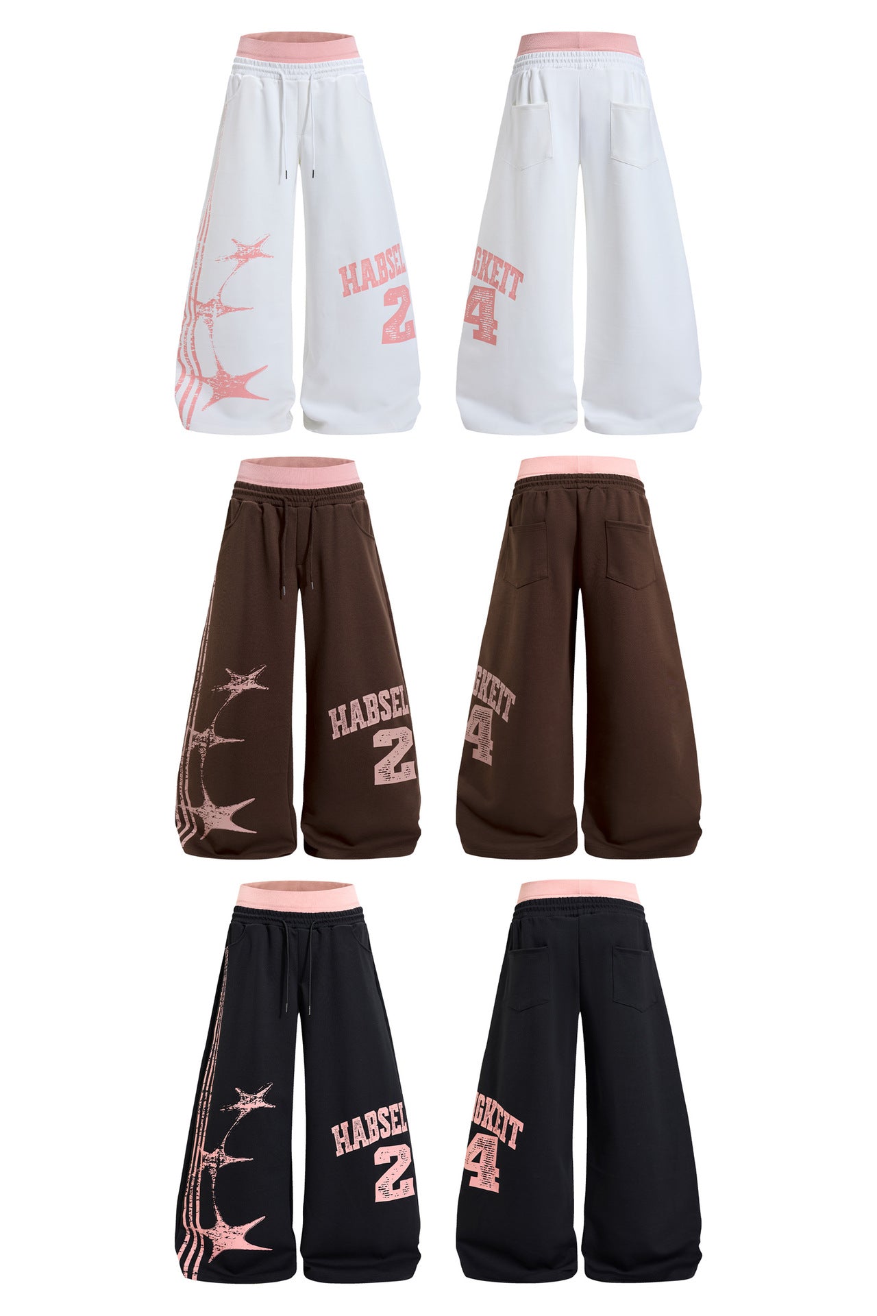 Pantalones de chándal de pierna ancha con estampado gráfico varsity y cintura rosa en contraste