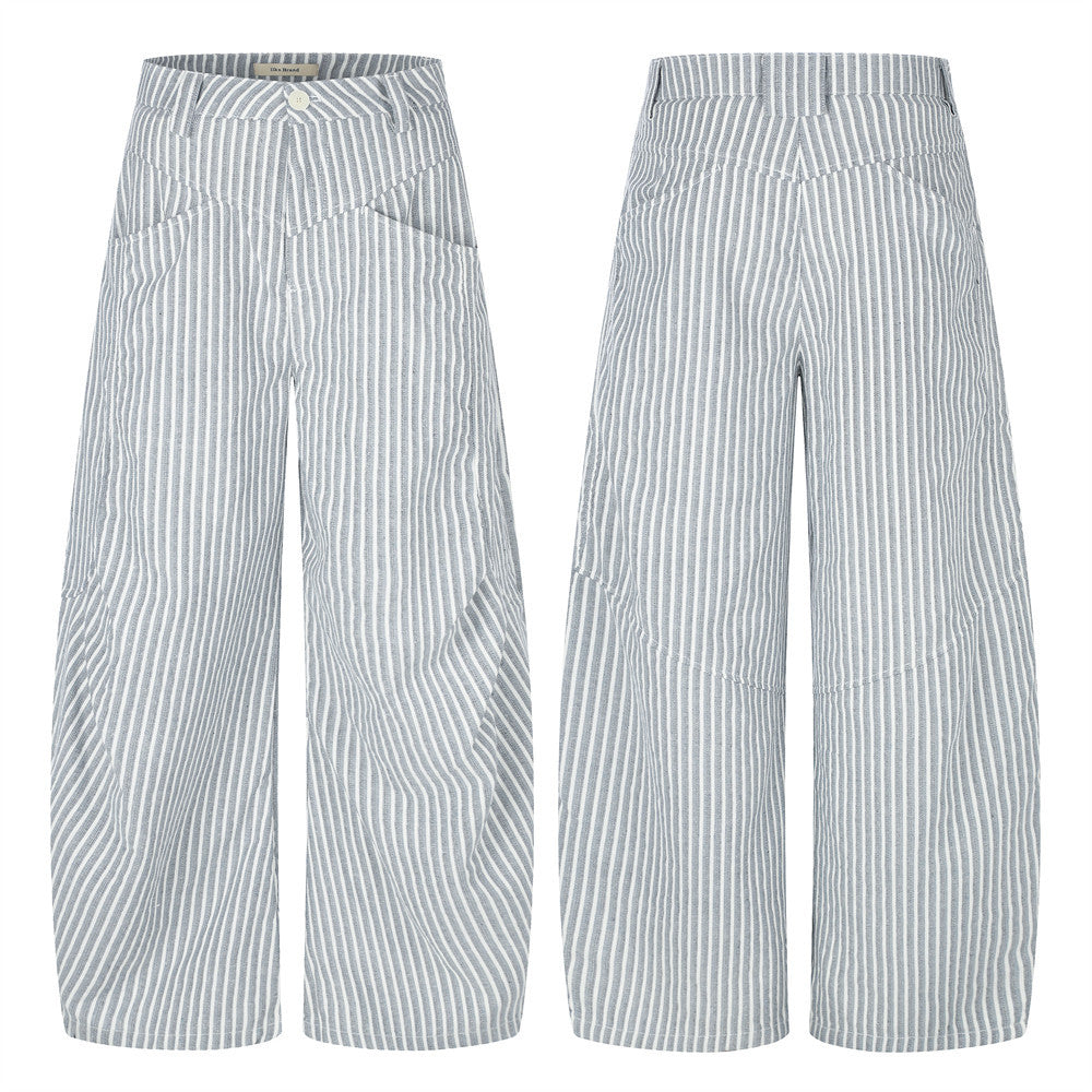 Wide-Leg Striped Pants with Curved Arc Pocket Design