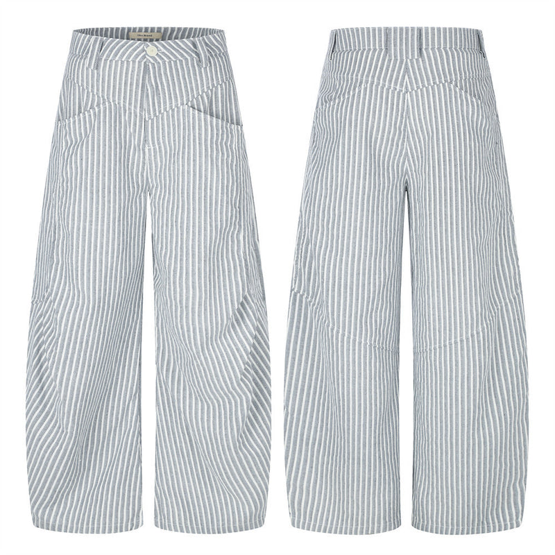 Wide-Leg Striped Pants with Curved Arc Pocket Design