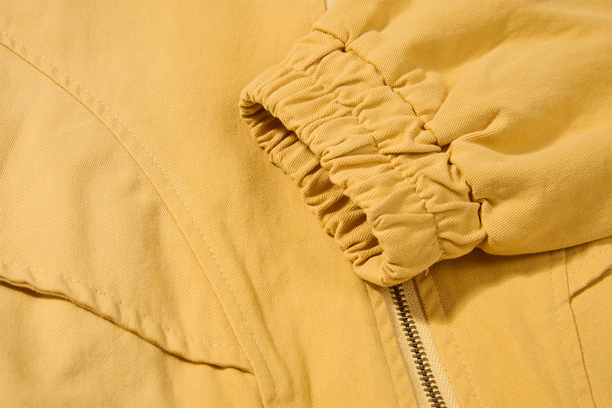 Retro American Washed Zip-Up Jacket with Corduroy Collar