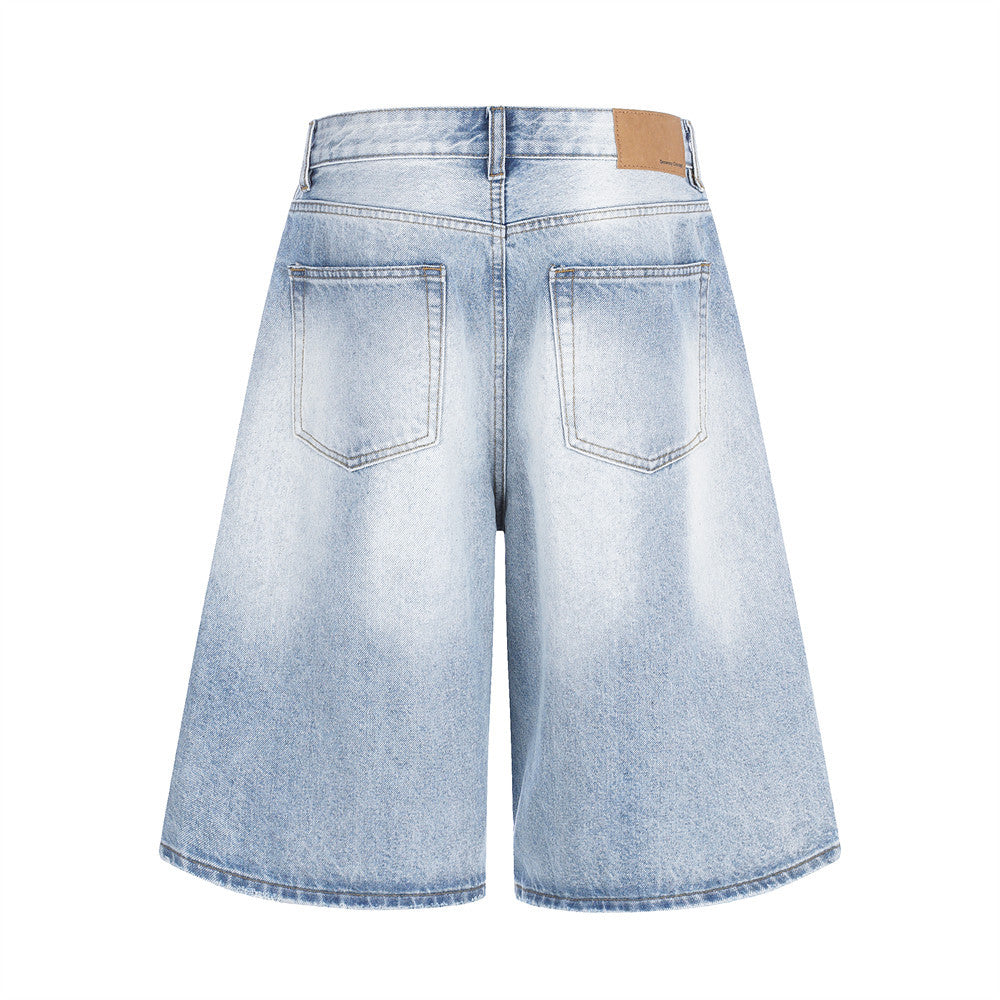 Wide-Leg Distressed Denim Shorts – Light Wash Retro Baggy Fit