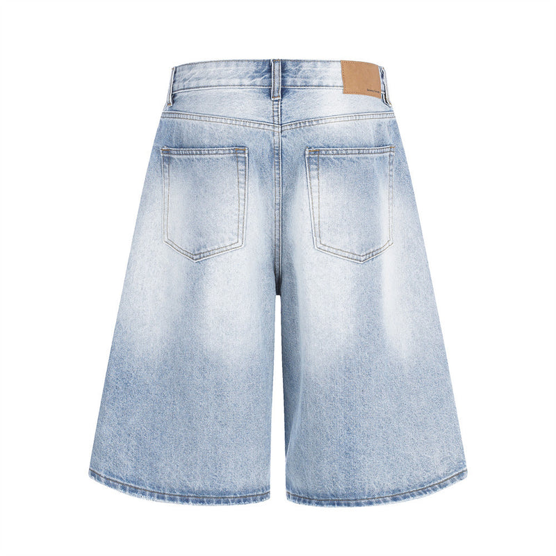 Wide-Leg Distressed Denim Shorts – Light Wash Retro Baggy Fit