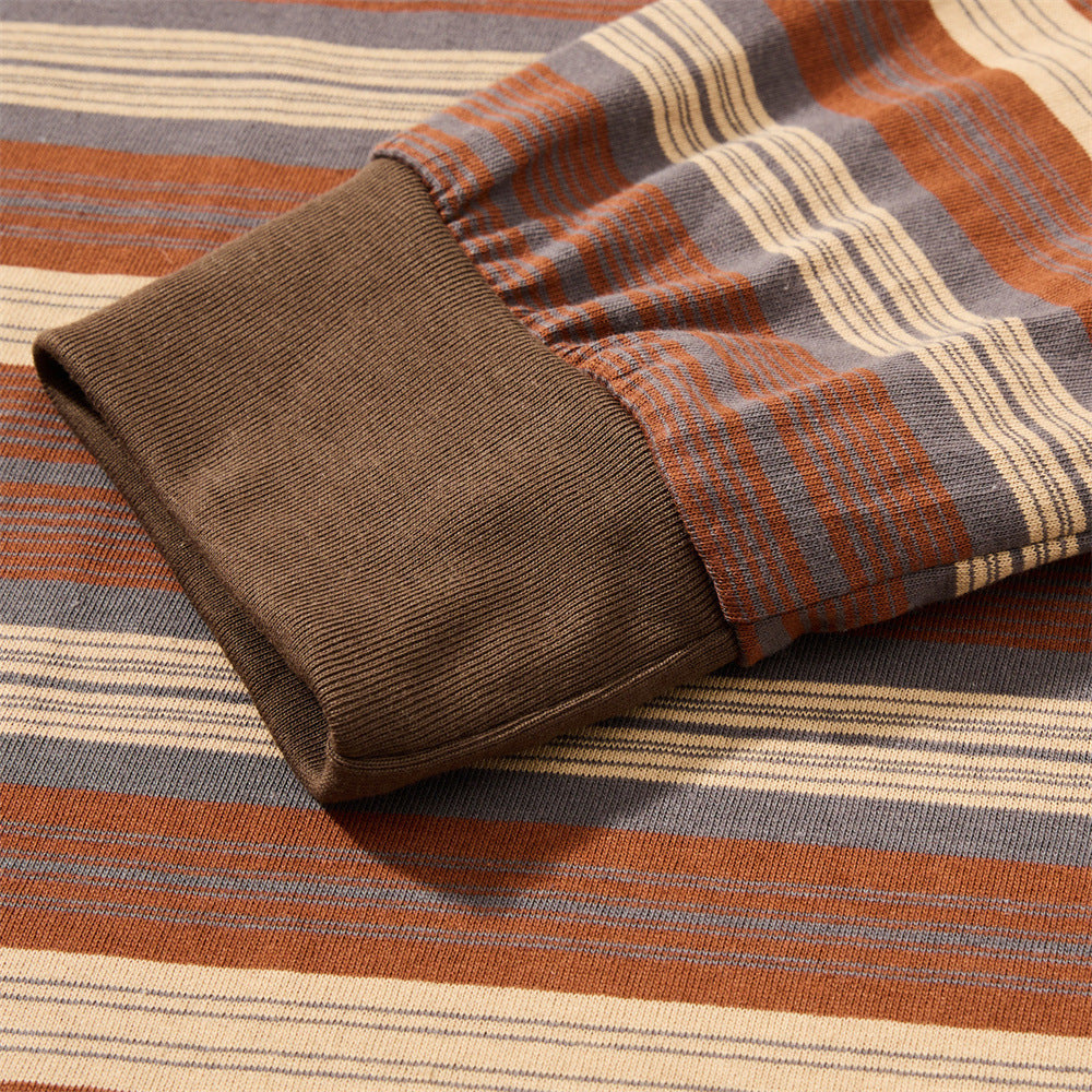 Close-up of brown ribbed sleeve cuff on striped long sleeve shirt