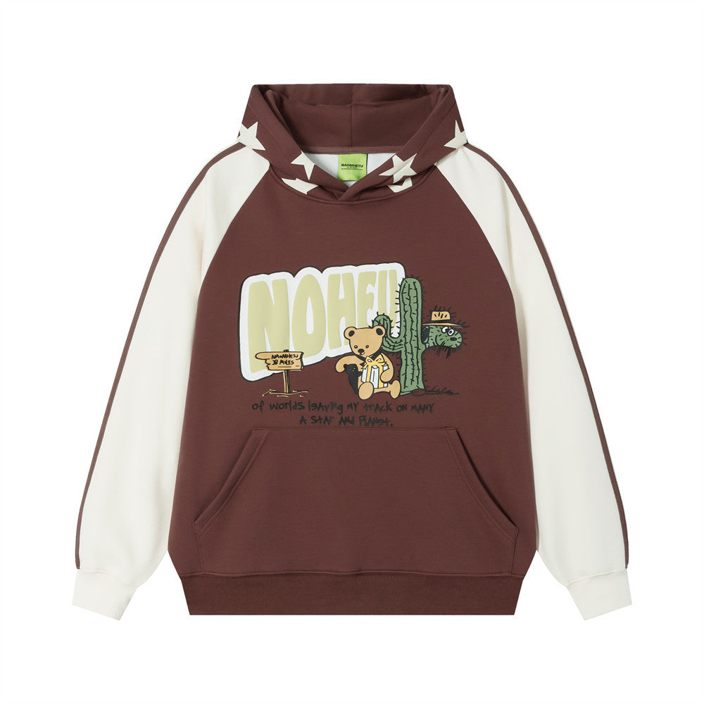Colorblock-Raglan-Hoodie mit Cartoon-Bär- und Kaktusmotiv auf der Brust in Weinrot und Cremeweiß