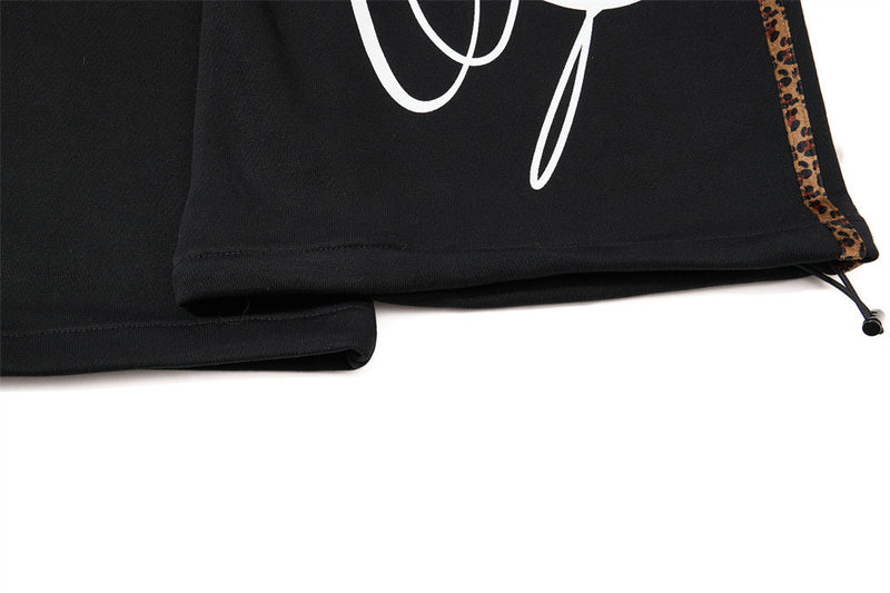 Dark Streetwear Wide-Leg Sweatpants with Leopard Side Tape & Script Print