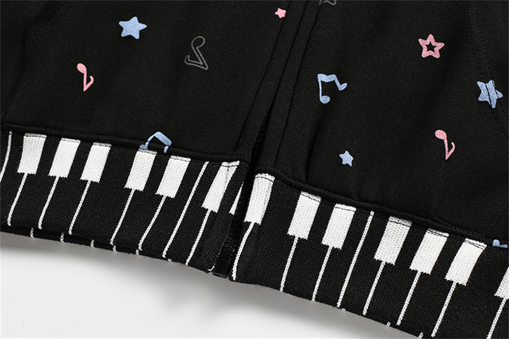 Cat Ear Zip-Up Hoodie with All-Over Music Note & Cartoon Print