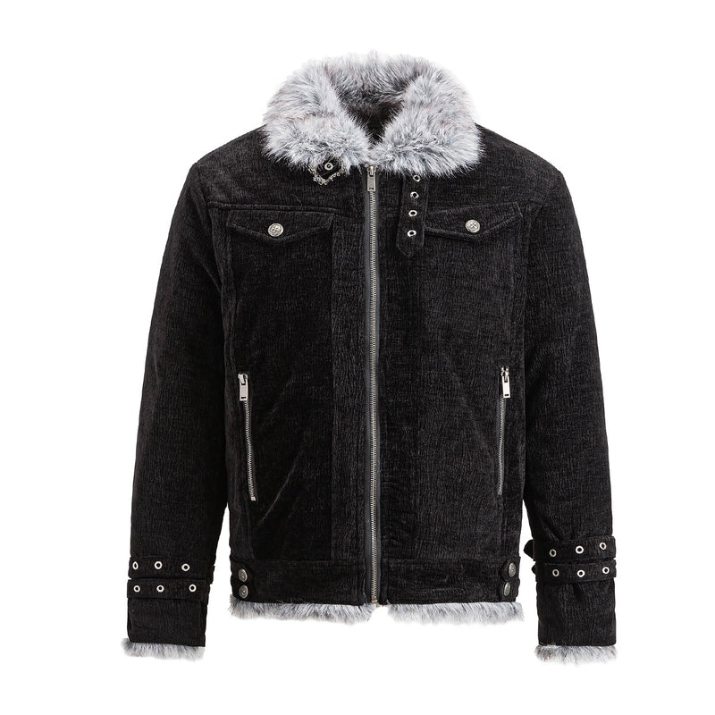 Black chenille moto jacket with grey faux-fur collar and cuffs, shown front and open-front views
