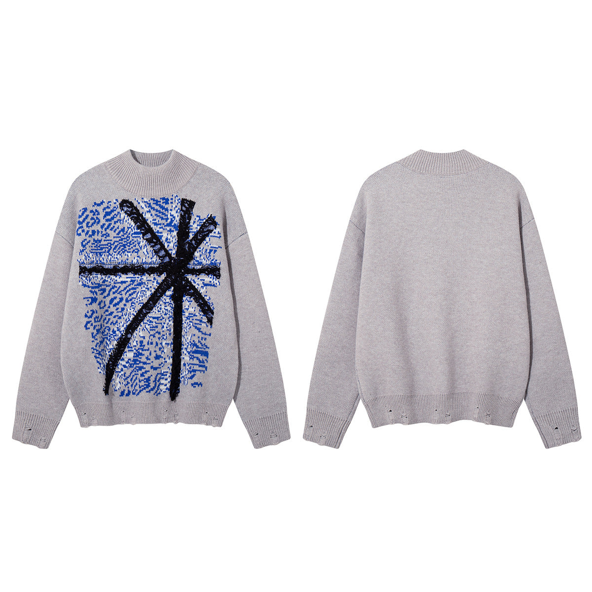 Union Jack Jacquard Knit Sweater – Oversized Crew Neck with Distressed Hem
