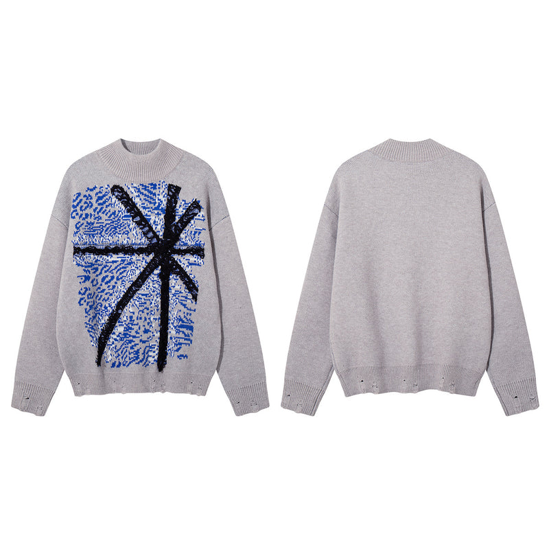 Union Jack Jacquard Knit Sweater – Oversized Crew Neck with Distressed Hem