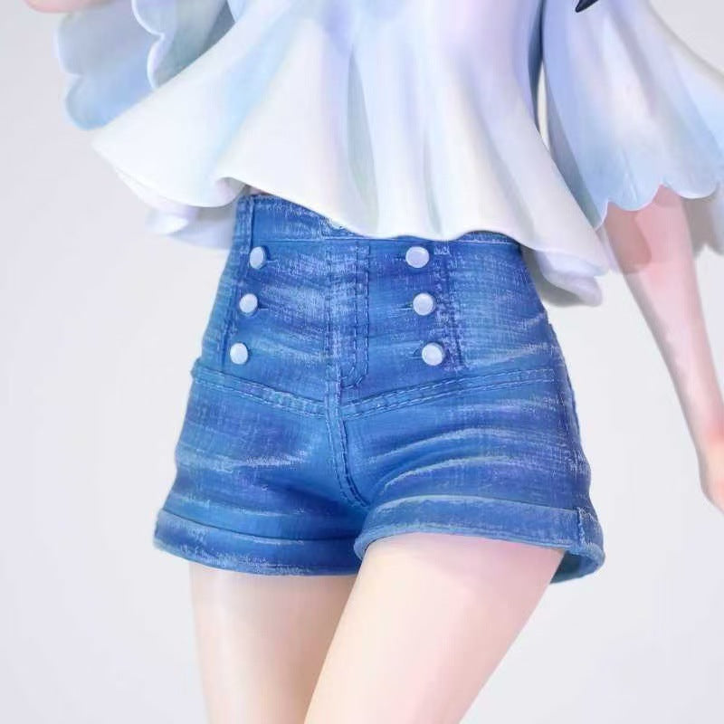 Dressed in high-waisted denim shorts with four buttons and a light ruffled top, the Shoko Komi Beach Cosplay Figure – 30CM PVC Action Figure captures the essence of anime dreams set against a plain background, crafted by Spy × Family for &quot;Komi Can’t Communicate&quot; fans.