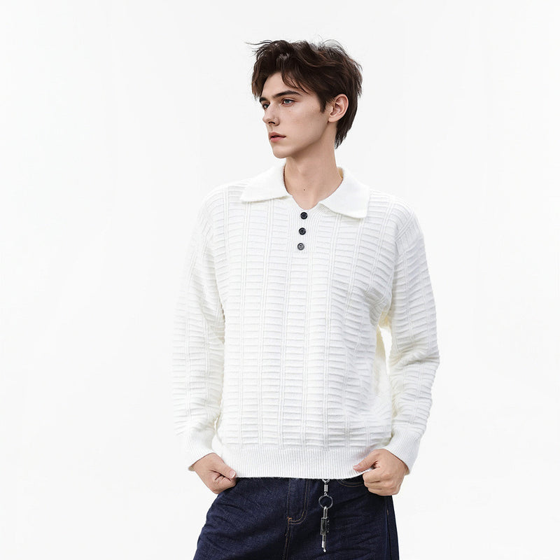 Polo-pull homme en maille texturée – Pull col boutonné à manches longues