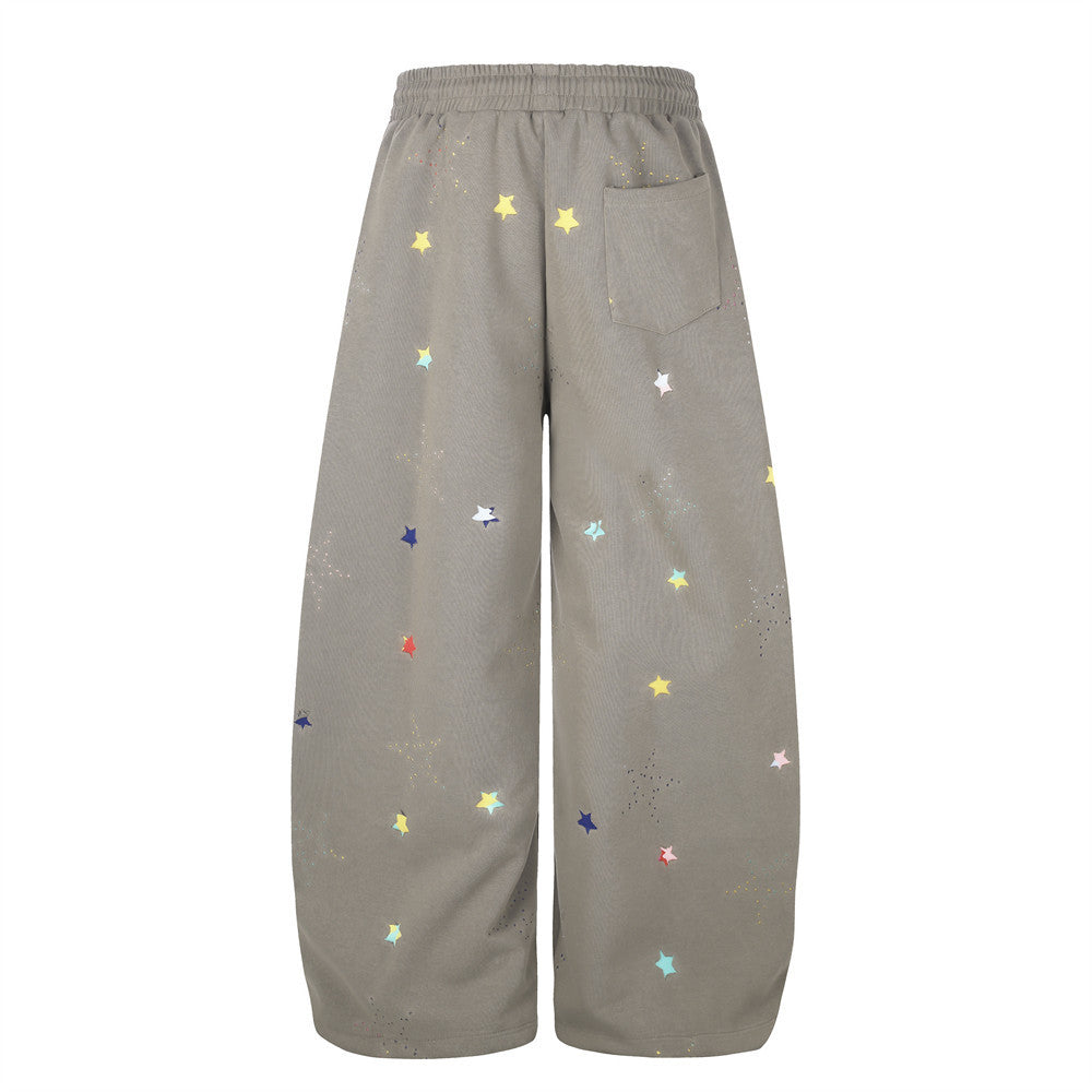 Colorful Star Print Wide-Leg Sweatpants – Relaxed Fit Curved Hem Casual Pants