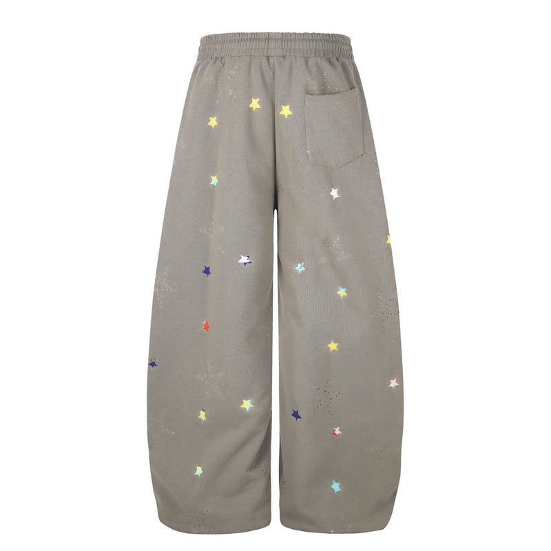 Colorful Star Print Wide-Leg Sweatpants – Relaxed Fit Curved Hem Casual Pants