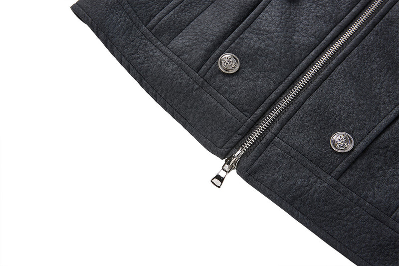 Military-Style Faux Leather Jacket with Double-Breasted Buttons & Zip Front