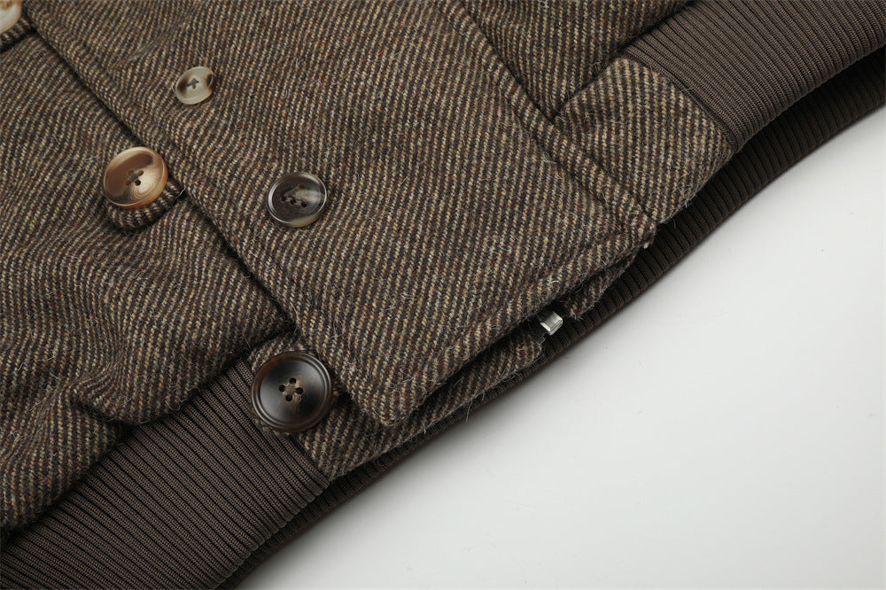 Fur-Trim Hooded Wool-Blend Bomber Jacket with Asymmetric Button Placket