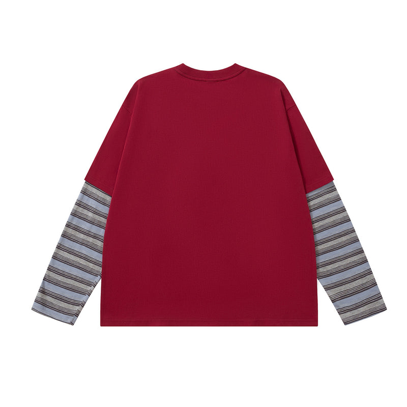 ニューワールド レトロ グラフィック長袖Tシャツ フェイクレイヤード ストライプスリーブ