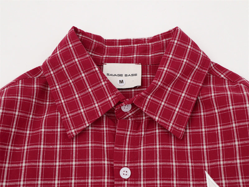 Mens Red Button Up Shirt Plaid Star Patch Long Sleeve Oversized Flannel
