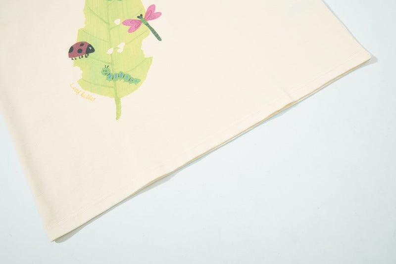 Cartoon Insect & Leaf Print Cotton T-Shirt