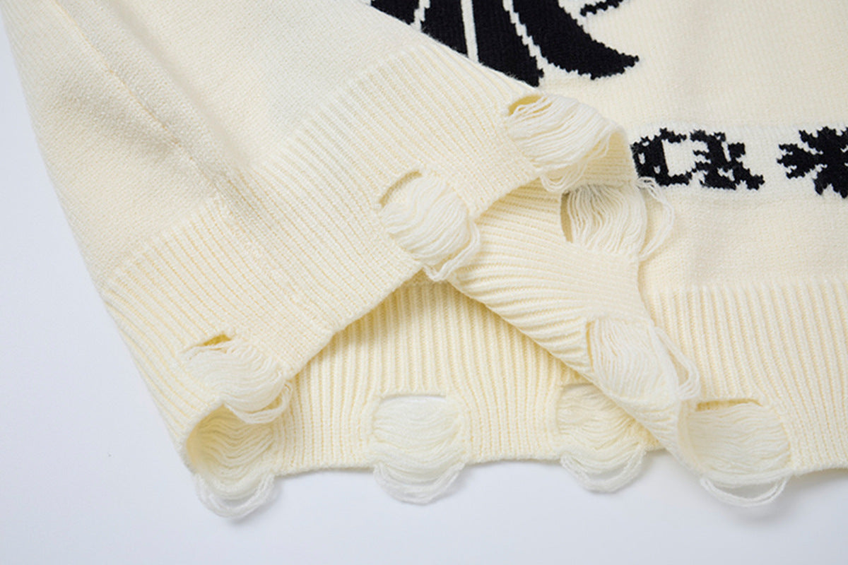 Crew Neck Knit Sweater Gothic Cross Distressed Hem Streetwear