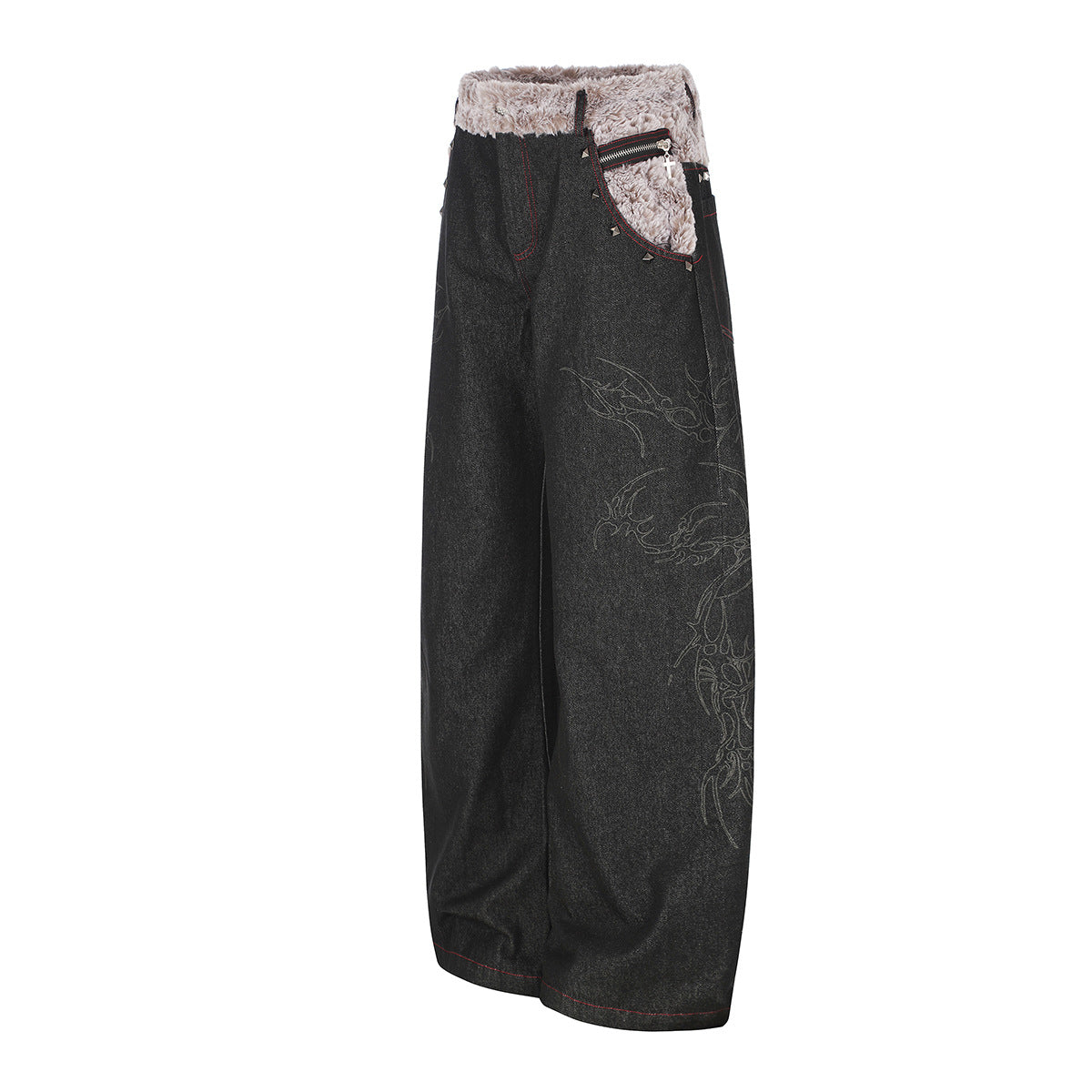 Vaqueros baggy street style – Denim de pierna ancha con cinturilla plegable de sherpa y