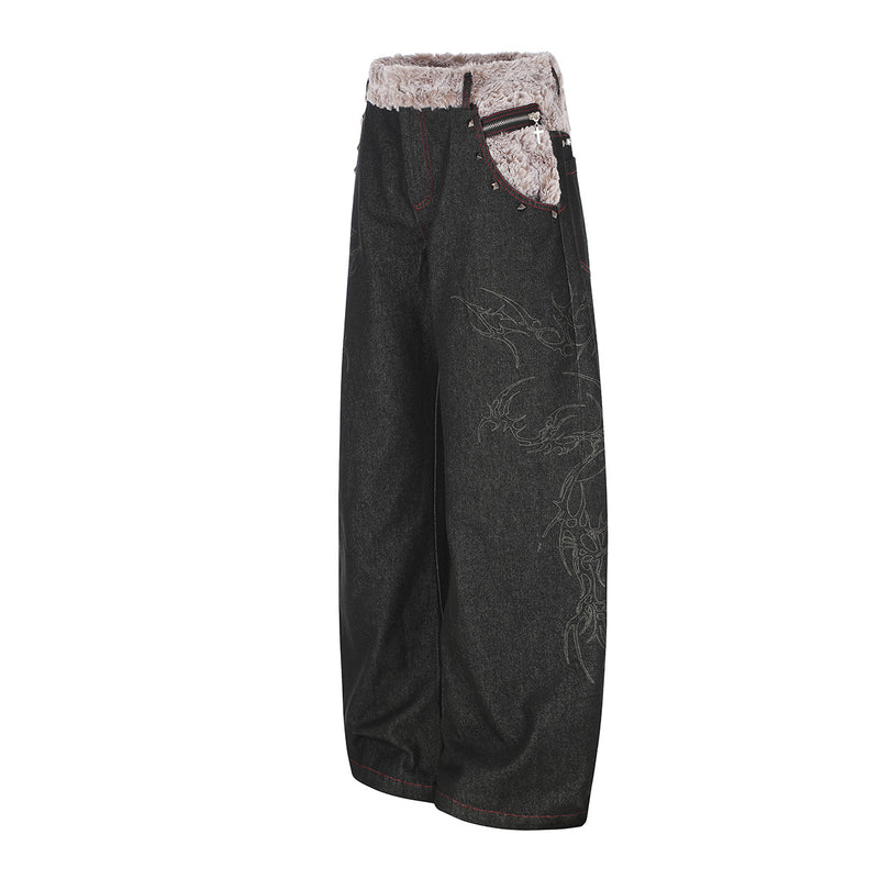 Vaqueros baggy street style – Denim de pierna ancha con cinturilla plegable de sherpa y
