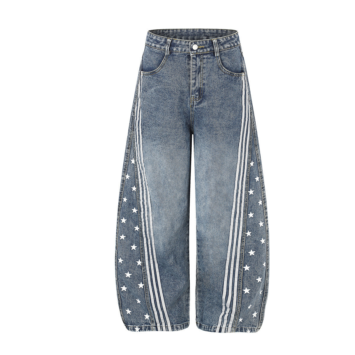 High waist baggy wide-leg jeans with white star print panels and triple stripe detail in washed blue denim