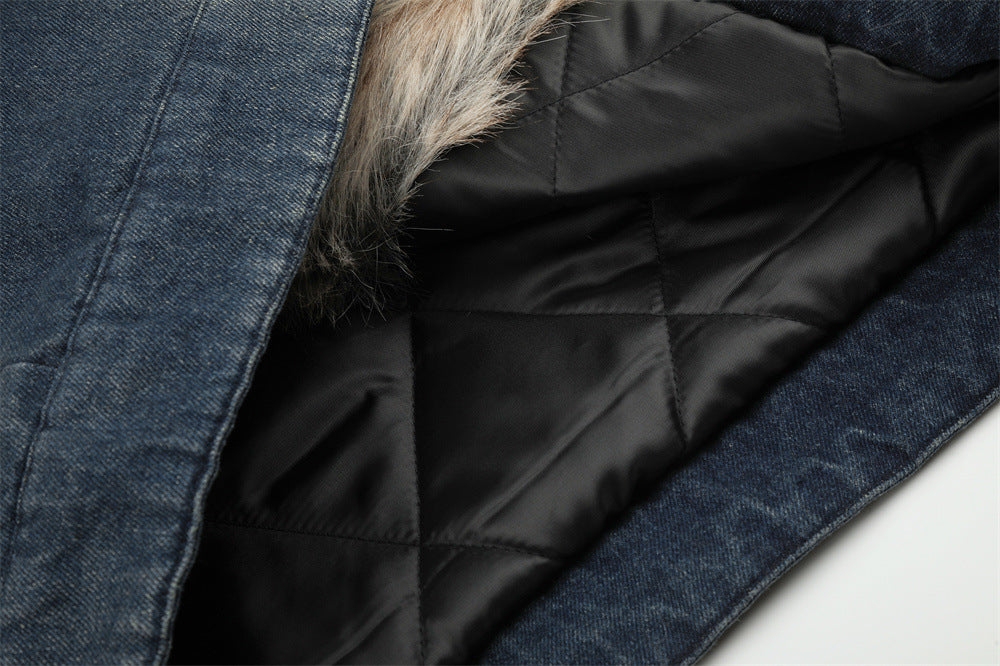 Men's Denim Jacket with Faux Fur Collar & Military Frog Button Closure