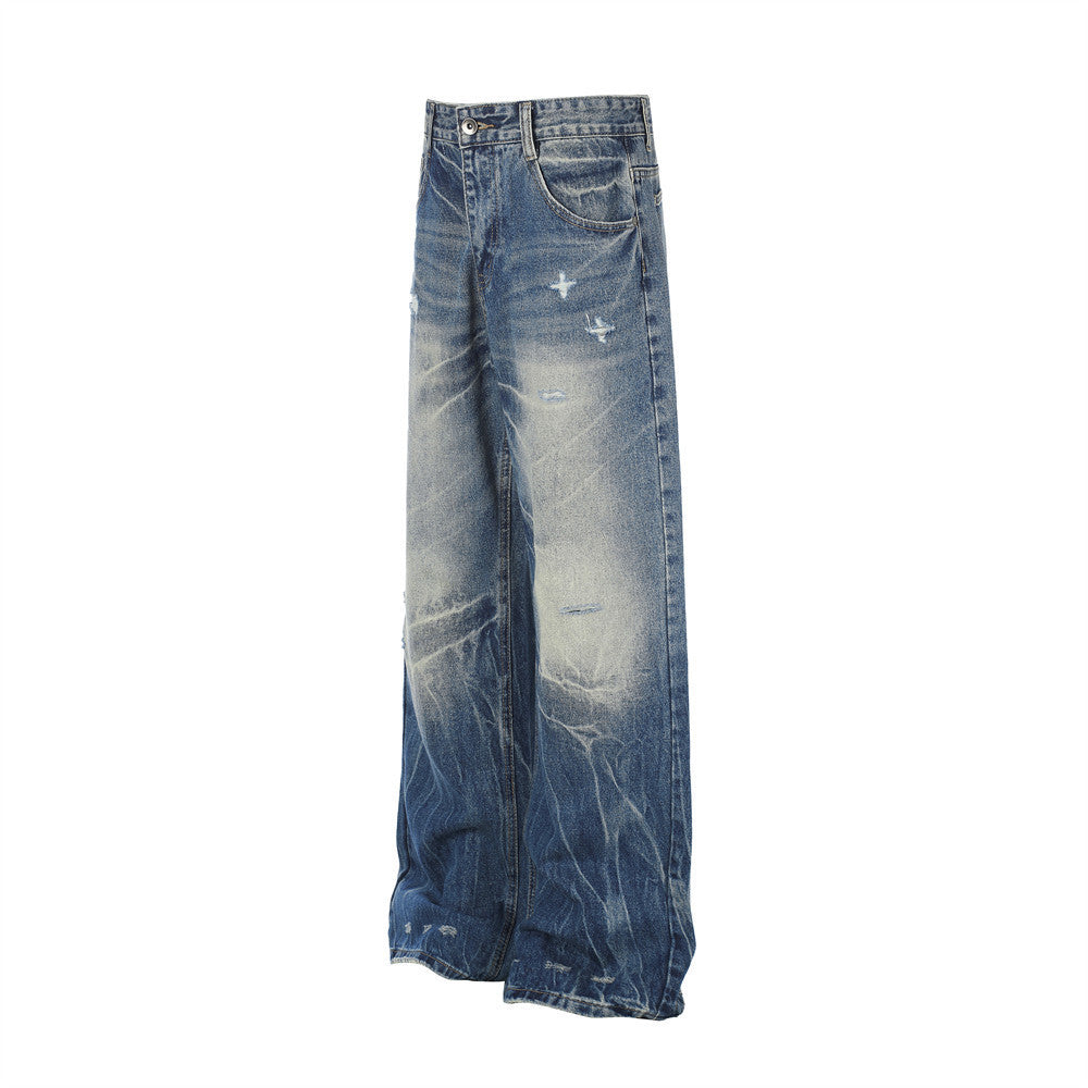 Jeans délavés usés à jambes larges – Denim vintage punk délavé pour homme