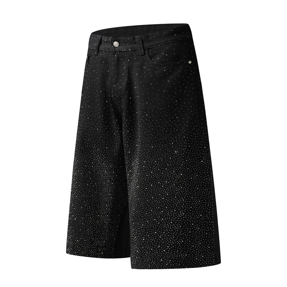 Wide-Leg Denim Shorts with Allover Rhinestone Detail – Men's Cropped Jean Shorts