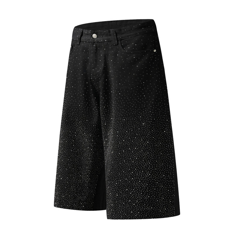 Wide-Leg Denim Shorts with Allover Rhinestone Detail – Men's Cropped Jean Shorts