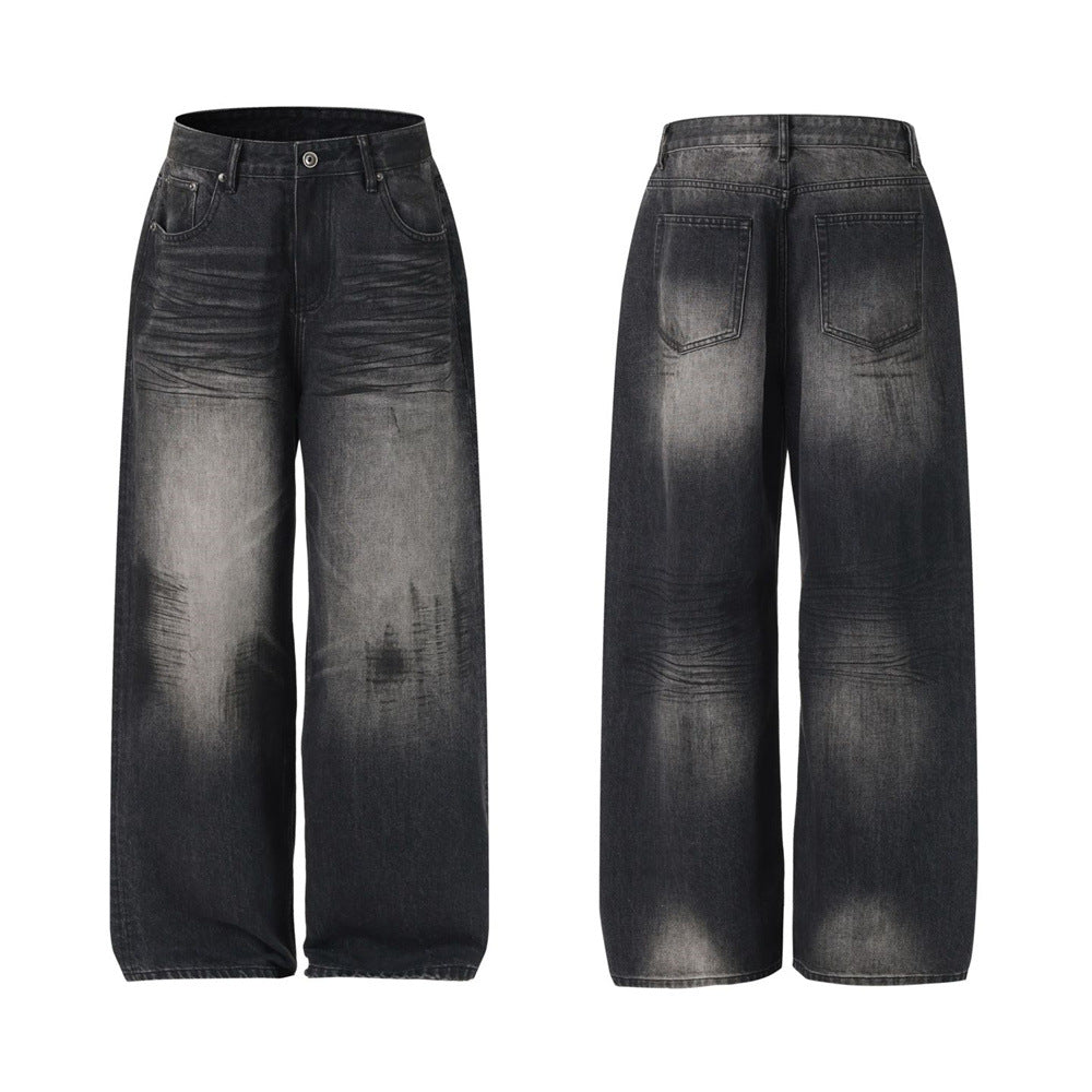 Verwaschene schwarze Baggy-Jeans für Herren mit weitem Bein, grauen Used-Effekten und Whisker-Details, Vorder- und Rückansicht