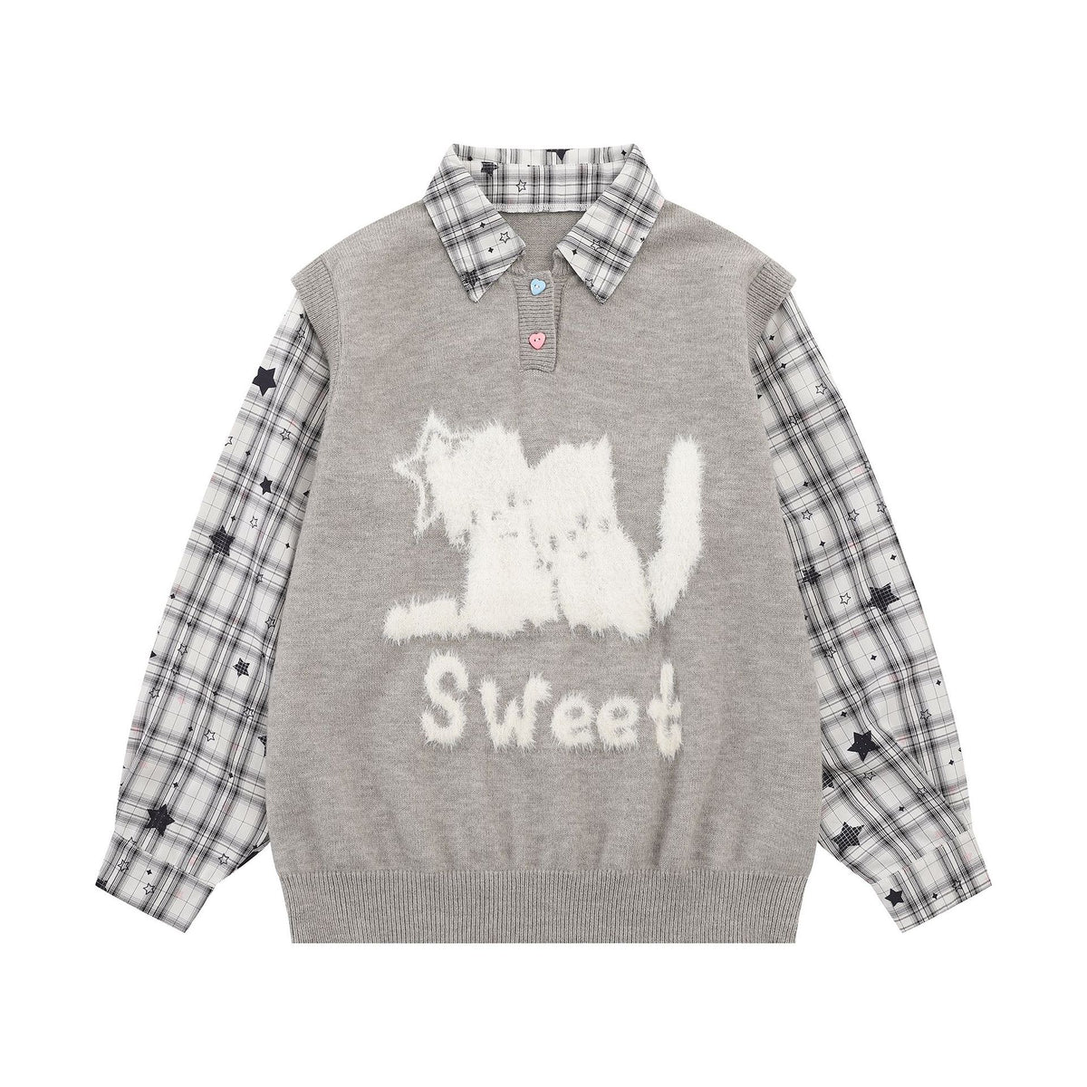 Sweet Cat Fuzzy Knit Sweater with Plaid Shirt Layered Pullover