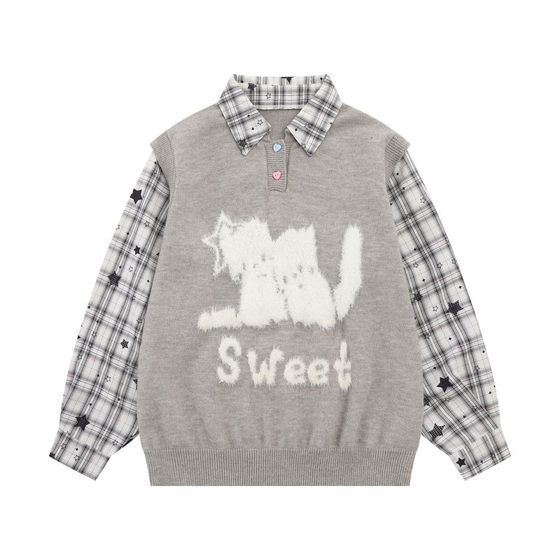 Sweet Cat Fuzzy Knit Sweater with Plaid Shirt Layered Pullover