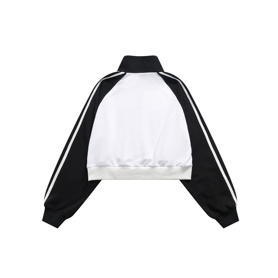 Cropped Half-Zip Sweatshirt Jacket – Colorblock Raglan with Stripe Sleeves