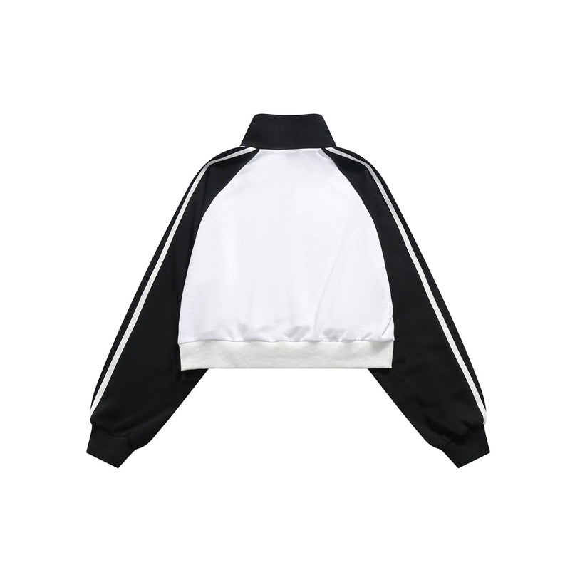 Cropped Half-Zip Sweatshirt Jacket – Colorblock Raglan with Stripe Sleeves