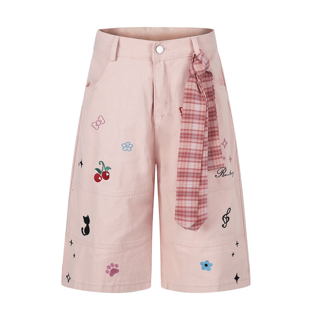 Cartoon Embroidery Wide-Leg Shorts with Plaid Tie Detail