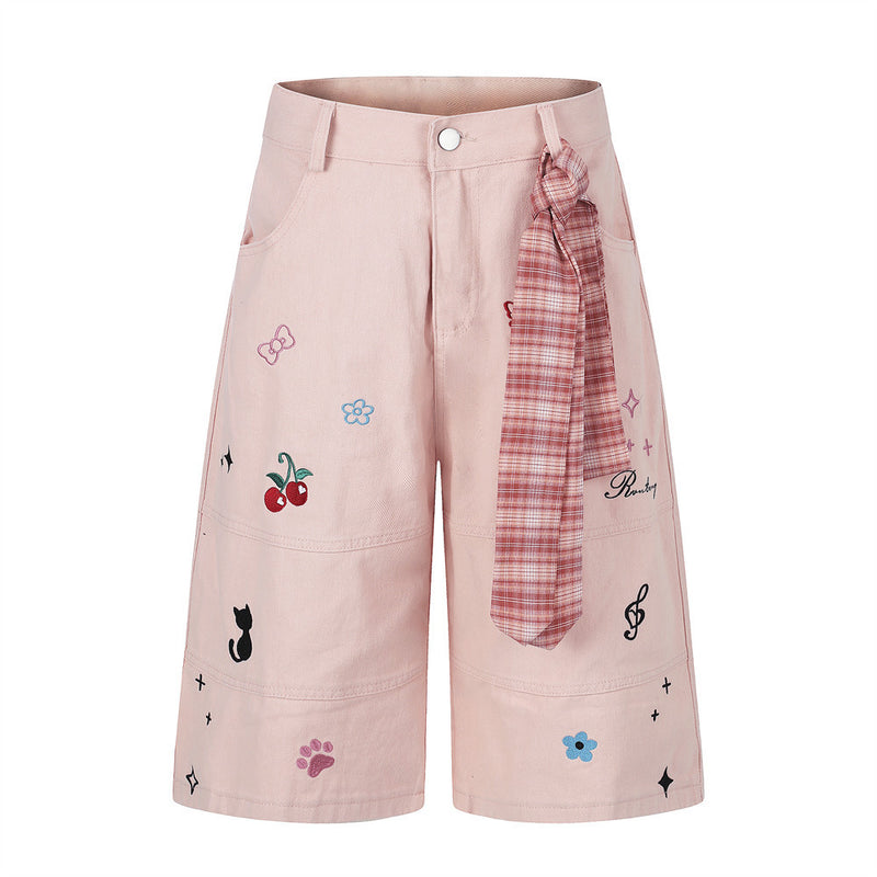 Cartoon Embroidery Wide-Leg Shorts with Plaid Tie Detail