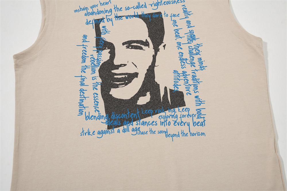 Oversized Sleeveless Tank Top with Vintage Portrait & Lyric Print